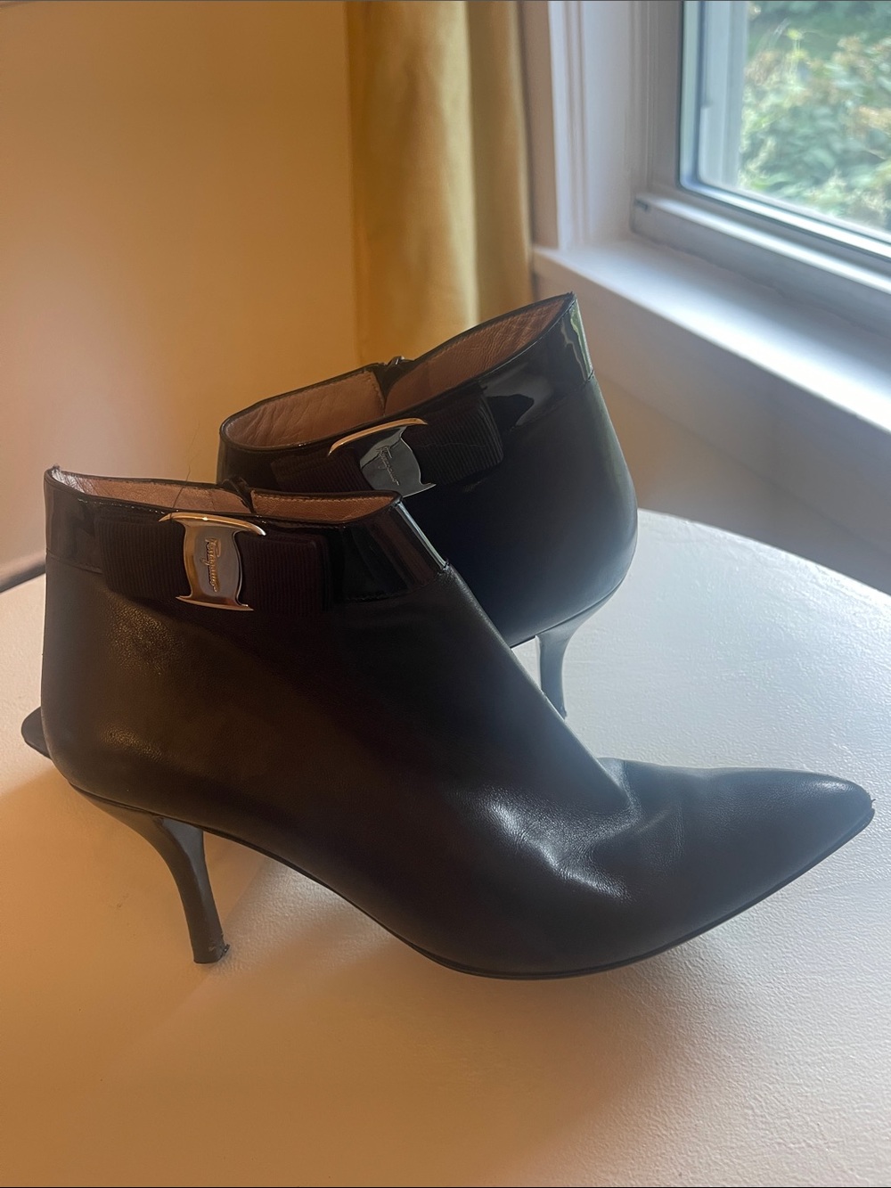 Salvatore Ferragamo Black Leather Pointed Ankle Boots with Signature Bow